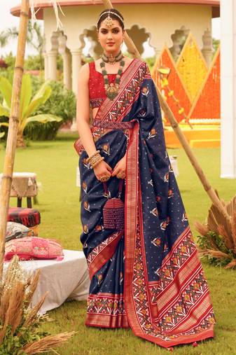 Navy Blue Sigma Silk Digital Patola Print Saree With Blouse