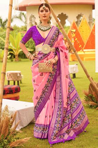 Pink Sigma Silk Digital Patola Print Saree With Blouse