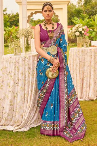 Aqua Blue Sigma Silk Digital Patola Print Saree With Blouse