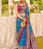 Aqua Blue Sigma Silk Digital Patola Print Saree With Blouse