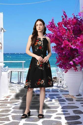 Kavindi women's floral printed knee length dress