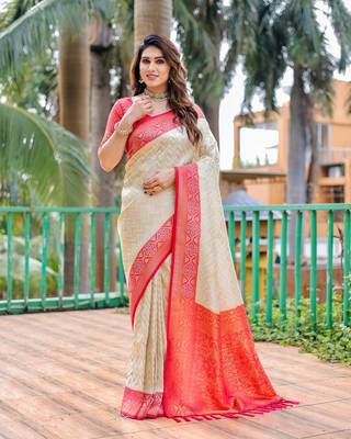 Beige Banarasi Silk Blend Zari Weaving Saree With Blouse For Women 1