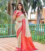 Beige Banarasi Silk Blend Zari Weaving Saree With Blouse For Women