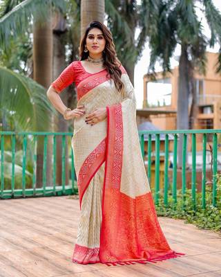 Beige Banarasi Silk Blend Zari Weaving Saree With Blouse For Women 2