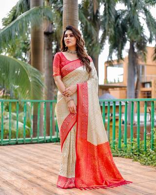 Beige Banarasi Silk Blend Zari Weaving Saree With Blouse For Women 3