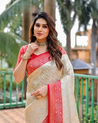 Beige Banarasi Silk Blend Zari Weaving Saree With Blouse For Women 5