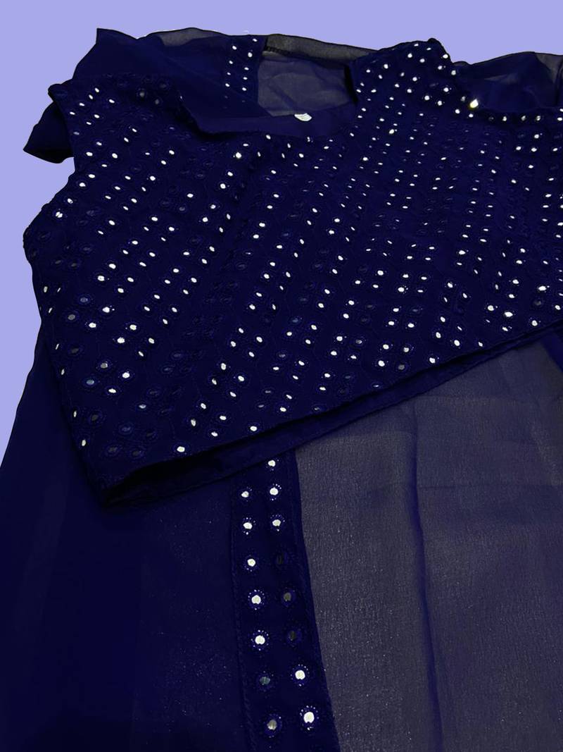 women's ethnic foil  mirror work georgette crop top lehenga with shrug - teal