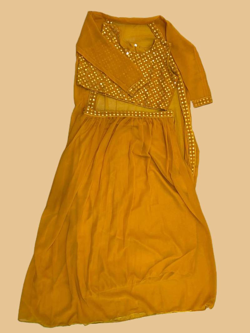 women's ethnic foil  mirror work georgette crop top lehenga with shrug - mustard