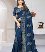 Teal Blue Zari Embroidery Border Work Vichitra Silk Saree