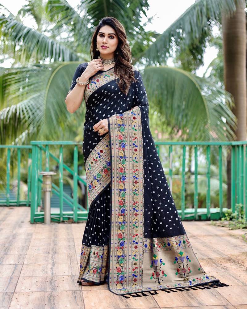Black Beautiful Paithani Bandhej With Faux KANJIVARAM Border Zari Weaving Rich Pallu Saree With Blouse For Women