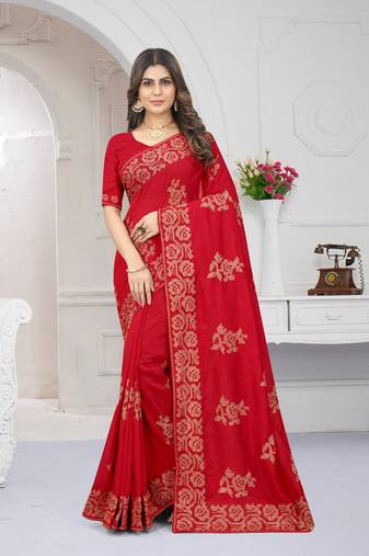 Red Zari Embroidery Border Work Vichitra Silk Saree