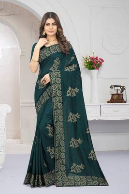 Teal Green Zari Embroidery Border Work Silk Saree 1