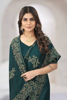 Teal Green Zari Embroidery Border Work Silk Saree 2