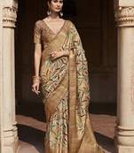 Chikoo colour handloom silk printed woven saree with blouse