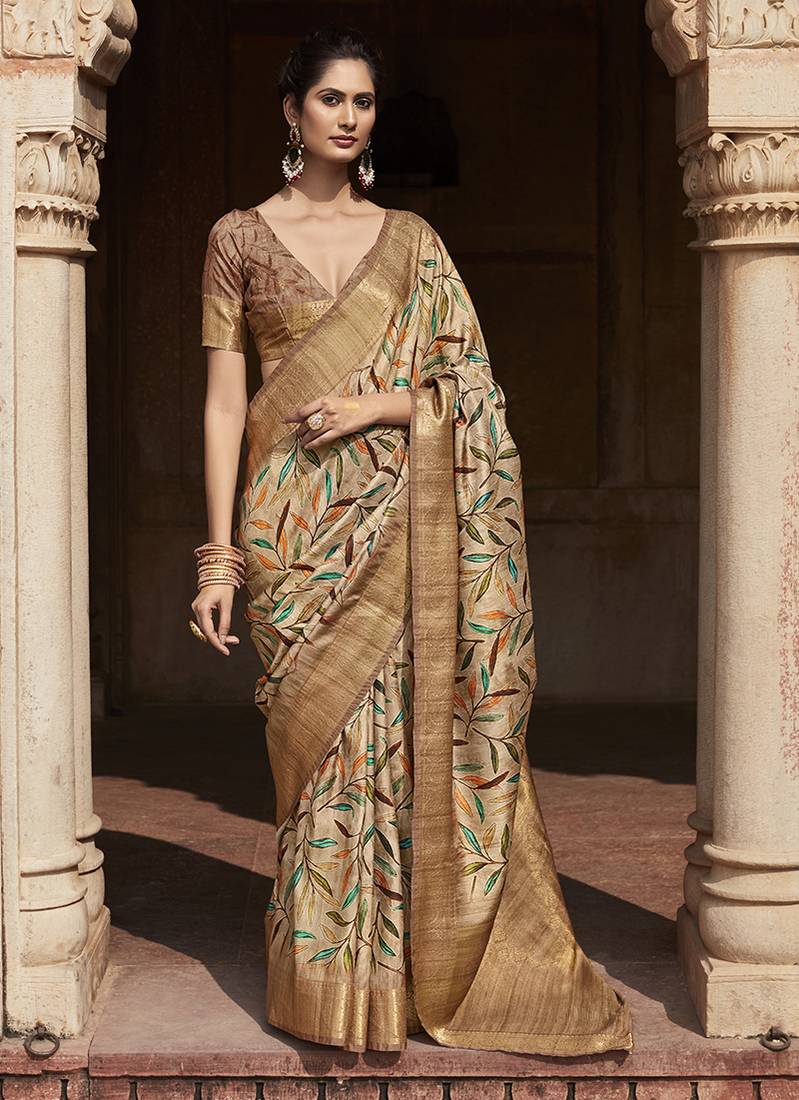 Chikoo colour handloom silk printed woven saree with blouse