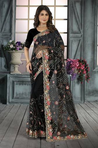 Black Resham Coding sequin Embroidery Net Saree