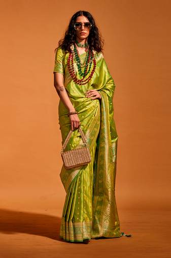 Olive Colour Satin Silk Zari Woven Saree With Blouse