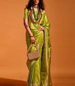Olive Colour Satin Silk Zari Woven Saree With Blouse