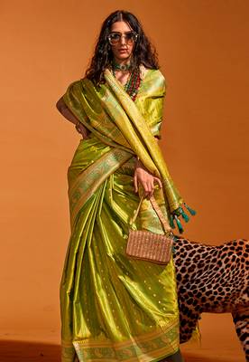 Olive Colour Satin silk blend Zari Woven Saree With Blouse 2
