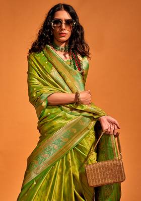 Olive Colour Satin silk blend Zari Woven Saree With Blouse 3