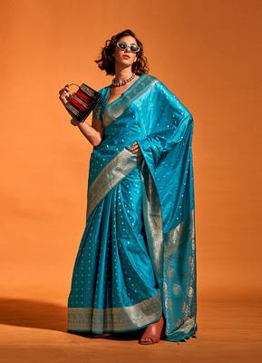 Blue Colour Satin silk blend Zari Woven Saree With Blouse 1