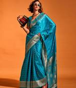 Blue Colour Satin Silk Zari Woven Saree With Blouse
