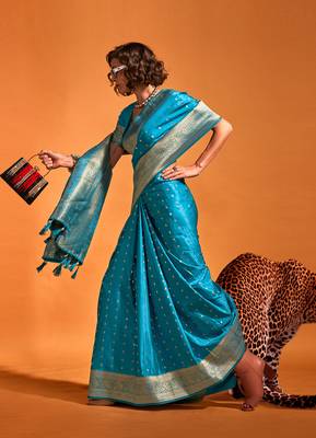 Blue Colour Satin silk blend Zari Woven Saree With Blouse 2