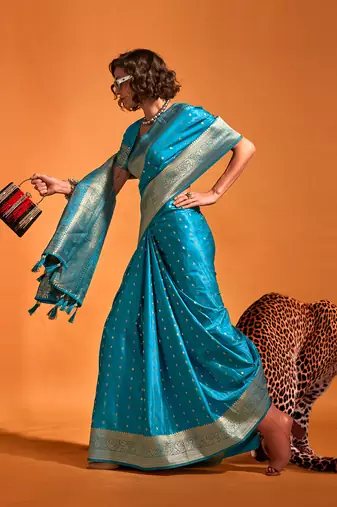 Blue Colour Satin silk blend Zari Woven Saree With Blouse