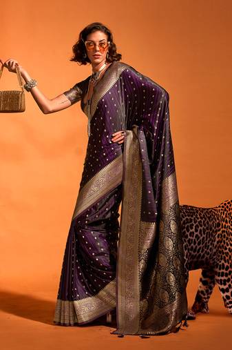 Dark Wine Colour Satin Silk Zari Woven Saree With Blouse
