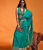 Teal Blue Colour Satin Silk Zari Woven Saree With Blouse