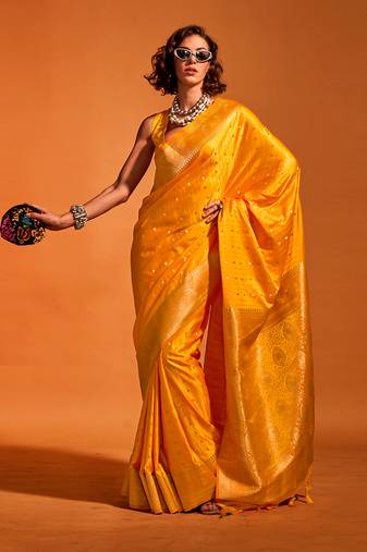 Mustard Colour Satin Silk Zari Woven Saree With Blouse