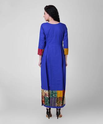 Electric Blue Pleated Cotton-silk Dress with Kantha Embroidery 3