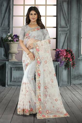 White Resham sequin Embroidery Net Saree