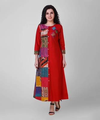 Red Cotton Silk Kantha Patchwork Dress 1