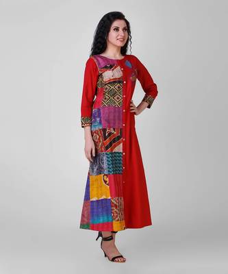 Red Cotton Silk Kantha Patchwork Dress 2