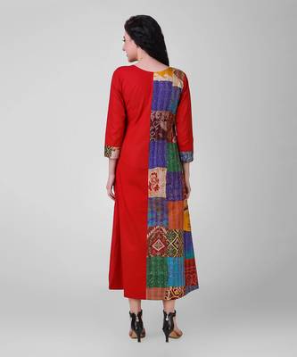 Red Cotton Silk Kantha Patchwork Dress 3