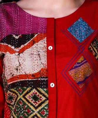 Red Cotton Silk Kantha Patchwork Dress 4