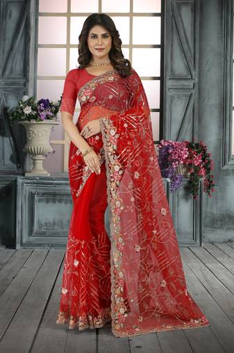 Red Resham sequin Embroidery Net Saree