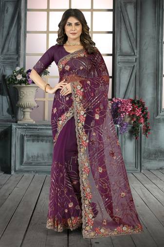 Purple Resham sequin Embroidery Net Saree