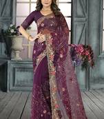 Purple Resham sequin Embroidery Net Saree