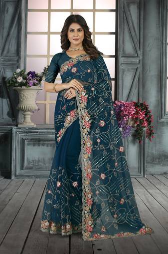 Teal Blue Resham sequin Embroidery Net Saree