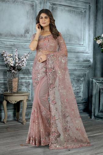 Lavender Resham sequin Embroidery Net Saree