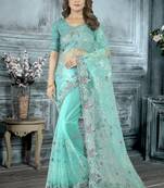 sky Blue Resham sequin Embroidery Net Saree