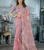 Dusty Pink Resham sequin Embroidery Net Saree