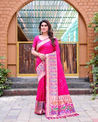 Pink Designer Paithani Bandhej With Faux KANJIVARAM Border Zari Weaving Rich Pallu Saree With Blouse For Women 1