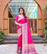 Pink Designer Paithani Bandhej With Faux KANJIVARAM Border Zari Weaving Rich Pallu Saree With Blouse For Women