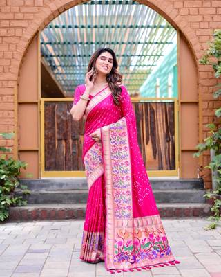 Pink Designer Paithani Bandhej With Faux KANJIVARAM Border Zari Weaving Rich Pallu Saree With Blouse For Women 2