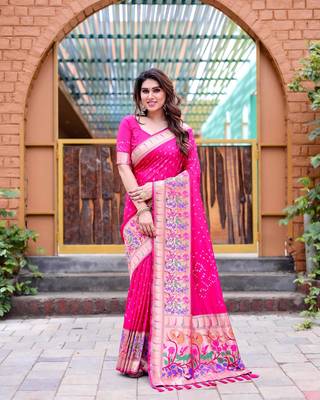 Pink Designer Paithani Bandhej With Faux KANJIVARAM Border Zari Weaving Rich Pallu Saree With Blouse For Women 3