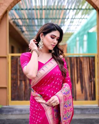 Pink Designer Paithani Bandhej With Faux KANJIVARAM Border Zari Weaving Rich Pallu Saree With Blouse For Women 4