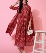 Kimayra cotton calf length semi flared 3/4 sleeves printed round neck kurta bottom dupatta set